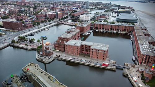 High angle view of boats moored at albert dock liverpool