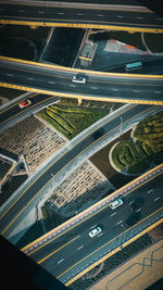 High angle view of light trails on road at night