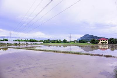 Scenic view of lake by building against sky