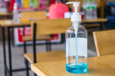 Close-up of glass bottle on table