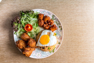 High angle view of breakfast served on table