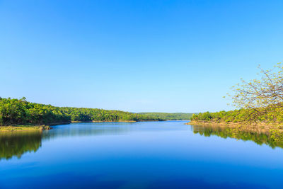 Scenic view of lake against clear blue sky