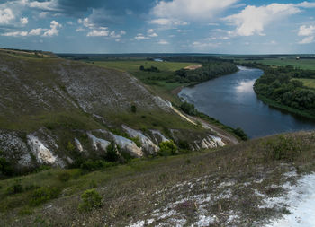 Scenic view of sea and landscape against sky