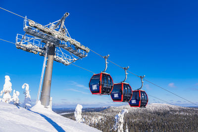 Low angle view of snow covered mountain against clear blue sky