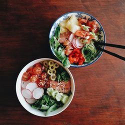 High angle view of food served on table