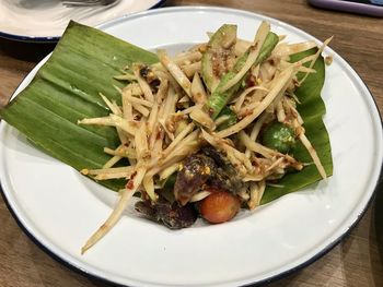 High angle view of food in plate on table