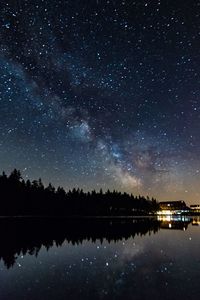 Scenic view of lake against sky at night