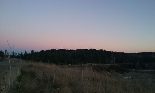 Scenic view of landscape against clear sky during sunset