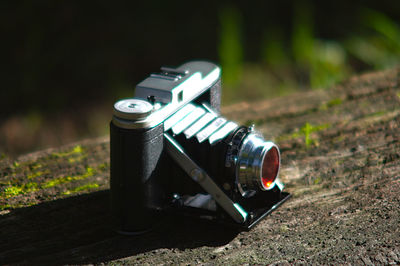 Close-up of camera on field