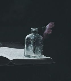 Flower in vase on book against black background