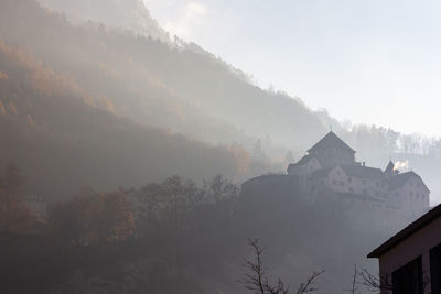 Low angle view of trees and buildings against sky