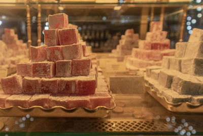 Confectionery products in the shop window close-up