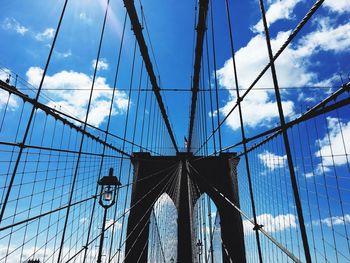 Low angle view of suspension bridge against cloudy sky