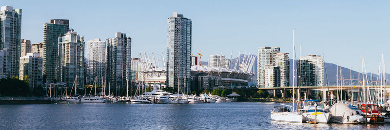 Panoramic view of city by sea against clear sky