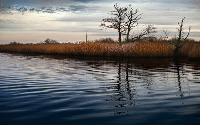 Scenic view of lake against sky during sunset