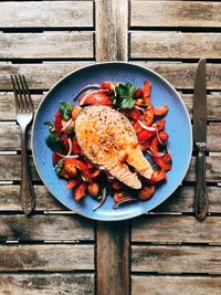 High angle view of meal served on table