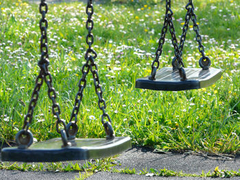 View of swing hanging in park