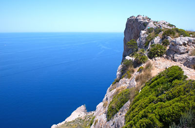 Scenic view of sea against clear blue sky