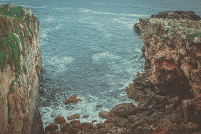 High angle view of rock formation in sea