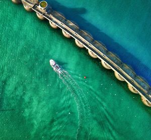 High angle view of boats moored in sea