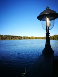 Close-up of lake against clear blue sky