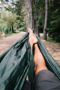 Low section of man relaxing in hammock at forest