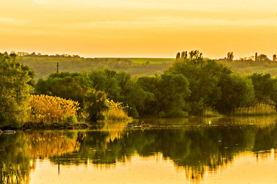 Scenic view of lake against sky during sunset