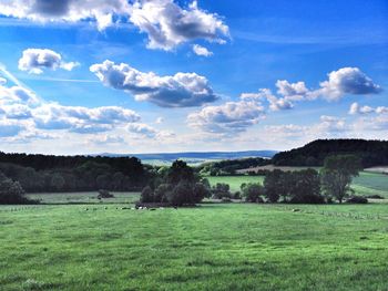 Scenic view of grassy field against cloudy sky