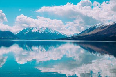 Scenic view of lake and snowcapped mountains against sky