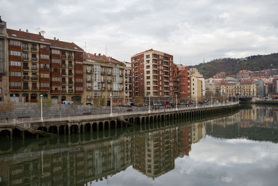 Reflection of buildings in canal against sky