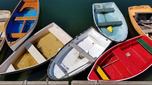 High angle view of boats moored at harbor