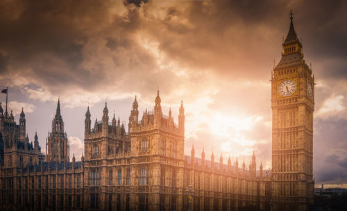 Panoramic view of buildings in city against sky during sunset