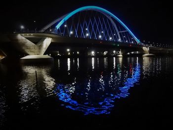 Illuminated bridge over water at night