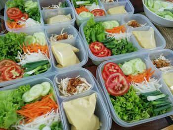 High angle view of chopped fruits and vegetables