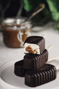 Close-up of chocolate cake on table