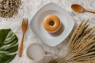 Directly above shot of breakfast served on table