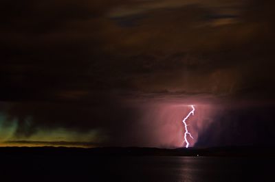 Scenic view of lightning by river at dusk