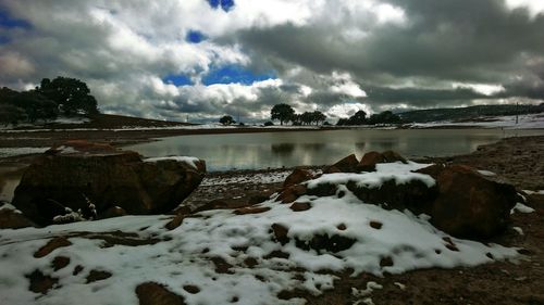 Scenic view of land against sky during winter