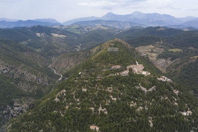 Aerial view of the sanctuary of sant'ubaldo in the medieval town of gubbio umbria italy