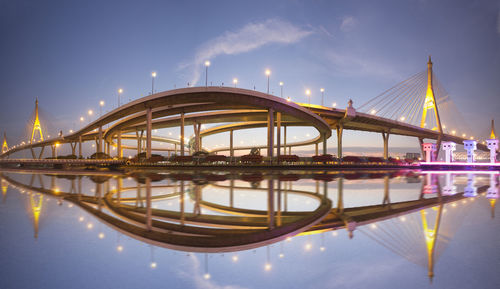 View of bridge over river at night