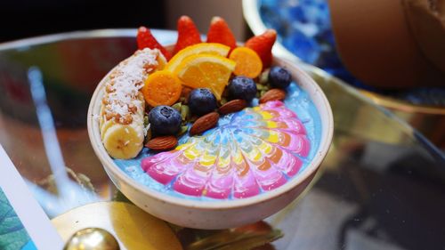 High angle view of fruits in bowl on table