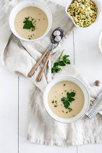 High angle view of soup in bowl on table