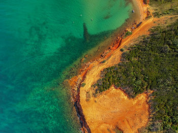 Looking up drone aerial view of the mediterranean coast. ninska laguna beach in nin.