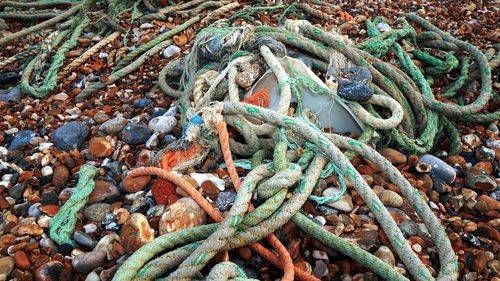 Close-up of fishing net on pebbles