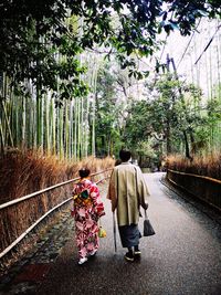 Rear view of women walking on footpath