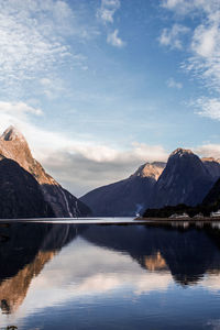 Scenic view of lake by snowcapped mountains against sky