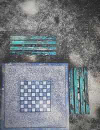 High angle view of bench on table