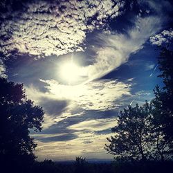 Low angle view of trees against cloudy sky