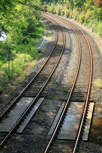 High angle view of railroad tracks by trees