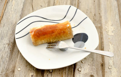 High angle view of dessert in plate on table